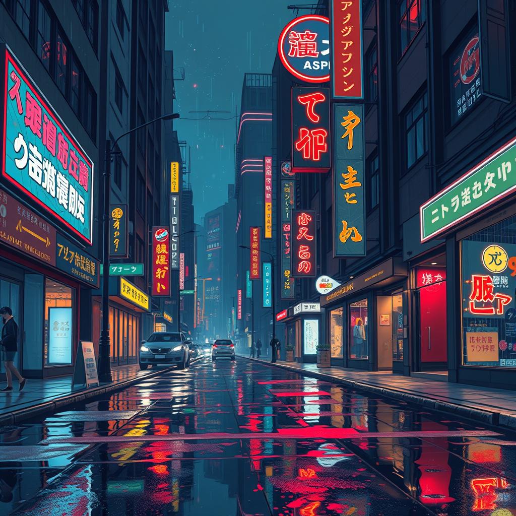 Cyberpunk city at night, neon signs, rain reflections